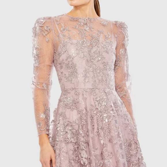 Mac Duggal Lilac Pink Embroidered Illusion High Neck A Line Dress